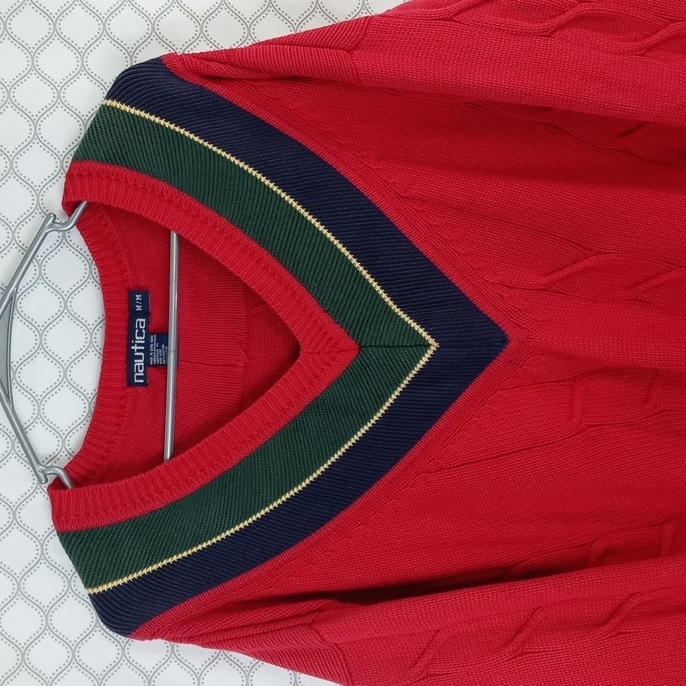 Nautica Red V-Neck Sweater with Green and Navy Accents